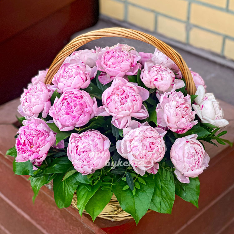 Корзина пышных розовых пионов с зеленью (крупный план)